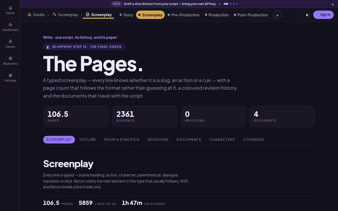 The screenplay page of the Dragon sample: the running page count, the element count and the running time on screen as you type.